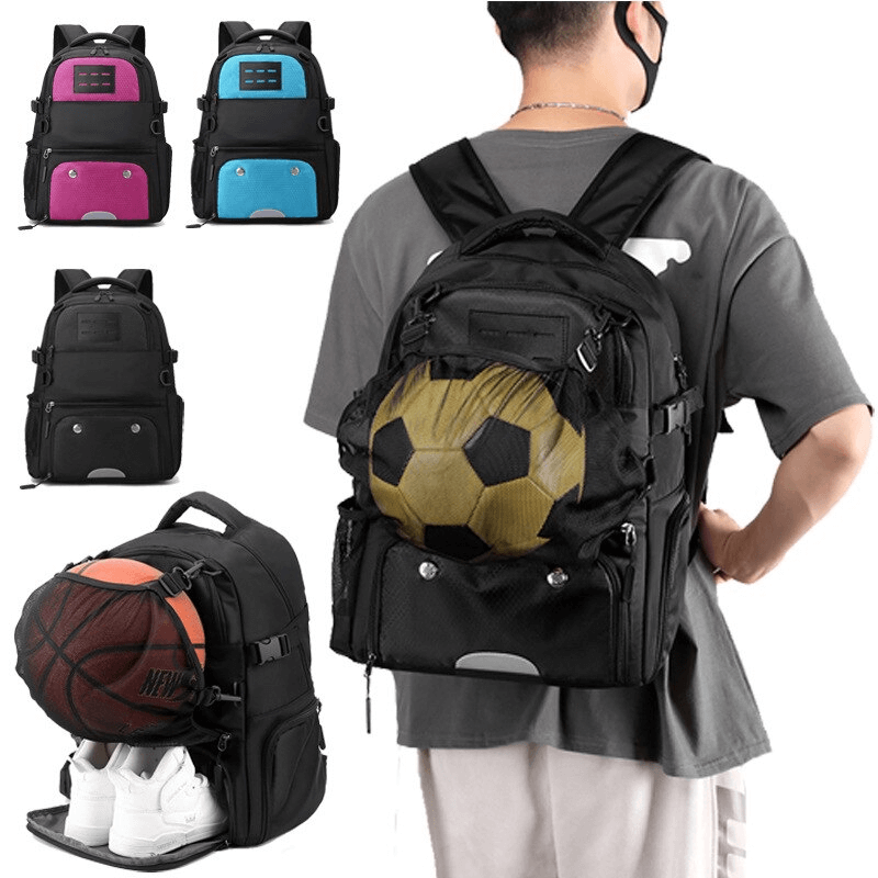 Unisex sports backpack displaying shoe compartment, detachable net pocket for ball, and various colors, worn by person.